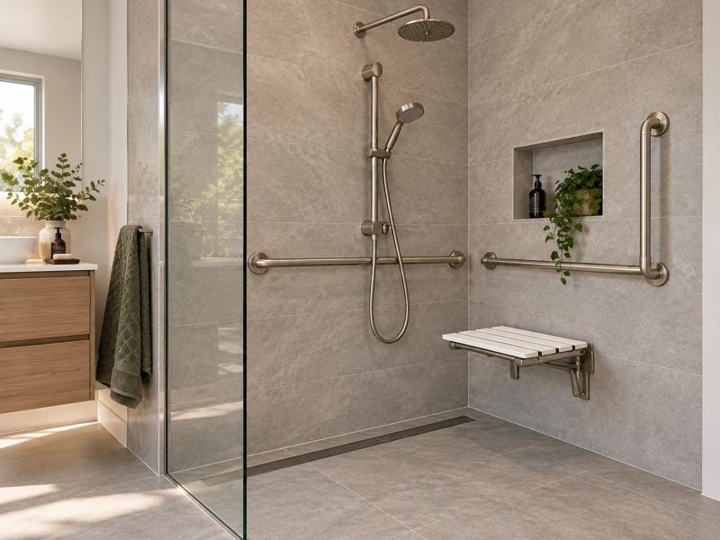 Step-free shower with grab rails, a fold-down seat and a linear floor drain