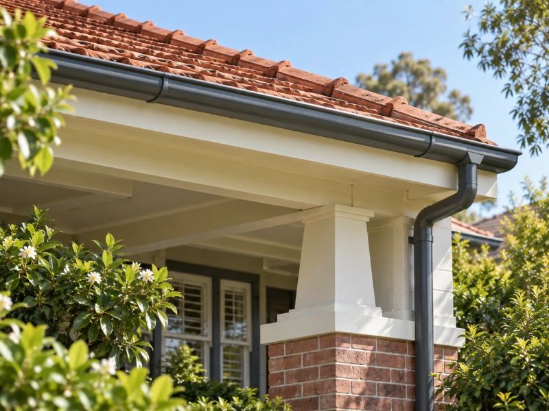 New gutter, fascia and downpipe along the eaves of a terracotta-tiled Sydney home