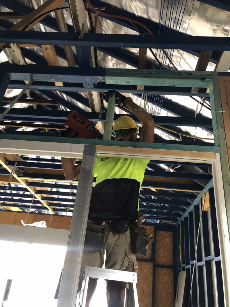 Roof framing assembled and braced during a new build.