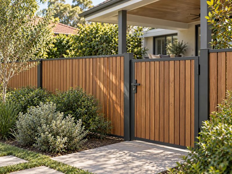 Timber-batten fence and matching gate with a charcoal steel frame beside a paved front path