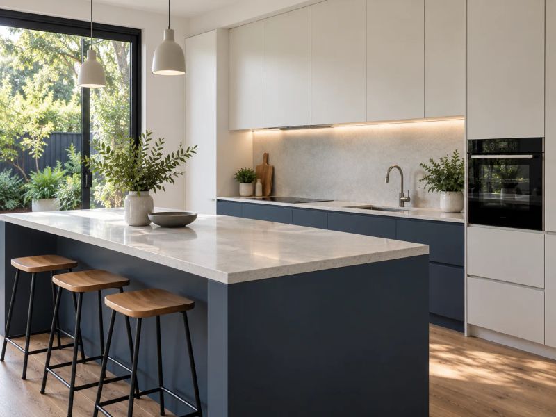 Kitchen with a navy island, stone benchtop and handleless white overhead cabinetry