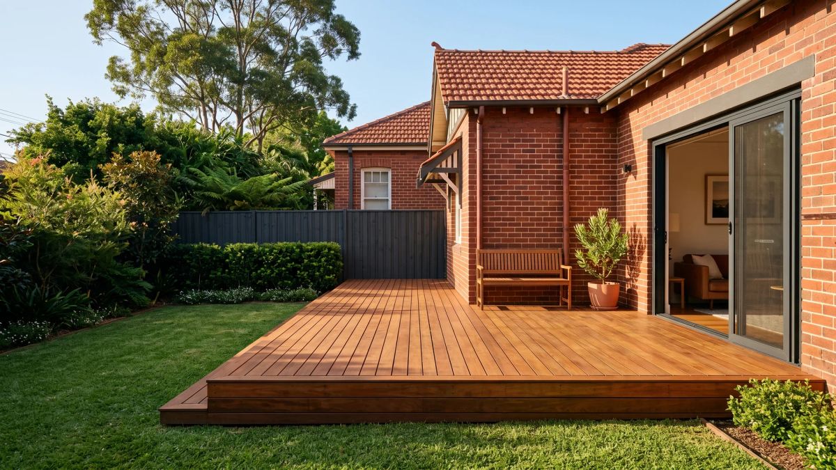 New oiled hardwood deck off the back of a red-brick Sydney home, with a timber bench and a step down to the lawn