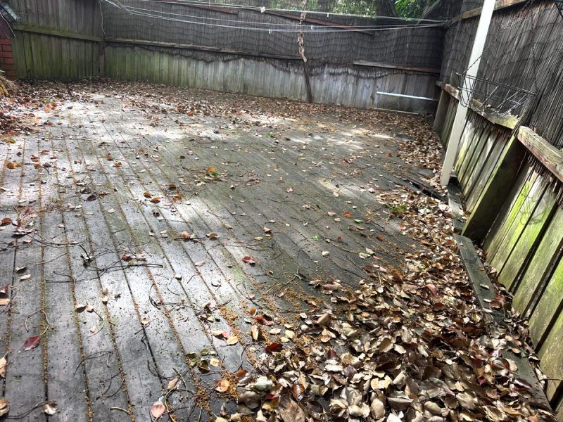 Before: grey, leaf-covered deck boards along the back fence