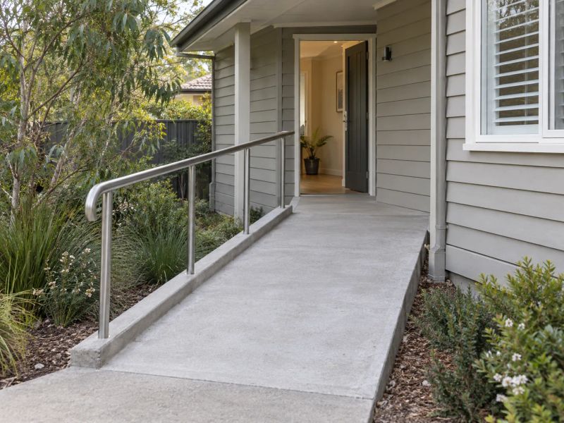 Concrete access ramp with a stainless handrail running to the front door of a clad Sydney home