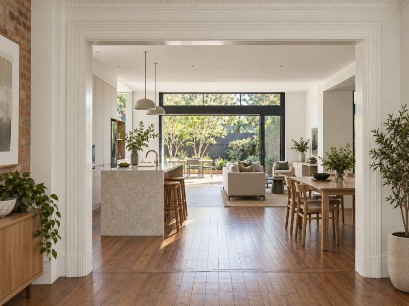 Open-plan kitchen, dining and living in a renovated period home, with a stone island and original hardwood floors