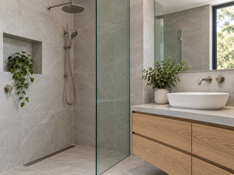 Curbless shower with a linear floor drain, glass screen and timber vanity in a stone-tiled Sydney bathroom