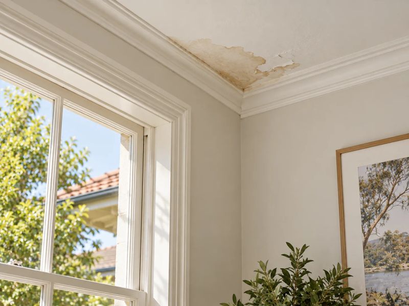 Water stain spreading across a ceiling beside the cornice, where a leak has come through