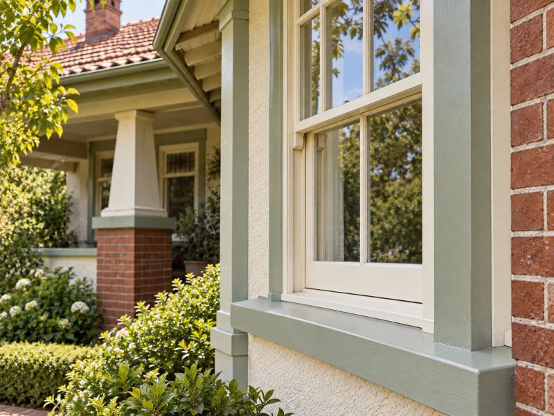 Freshly painted timber window frame and sill on a rendered brick Sydney home