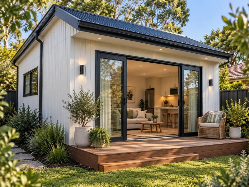 Granny flat with vertical white cladding and a timber deck, sliding doors open to the living area and kitchen