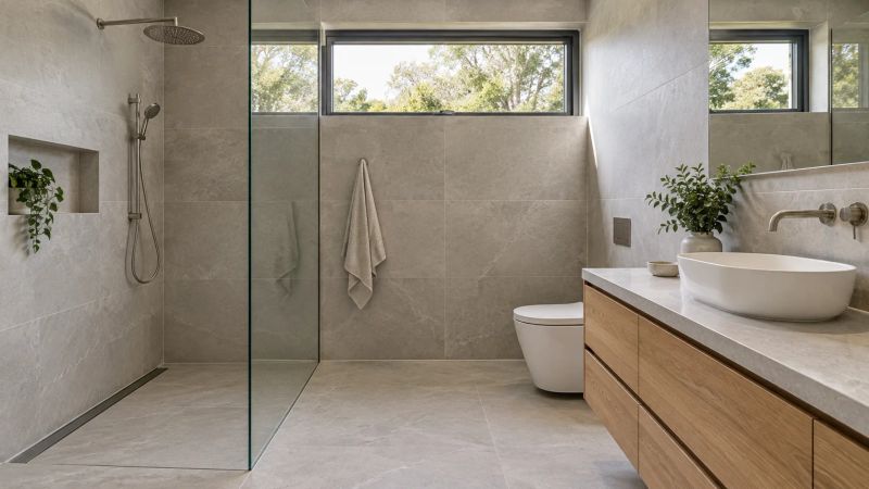 Level-entry, hobless walk-in shower with wall-hung toilet, built for step-free access